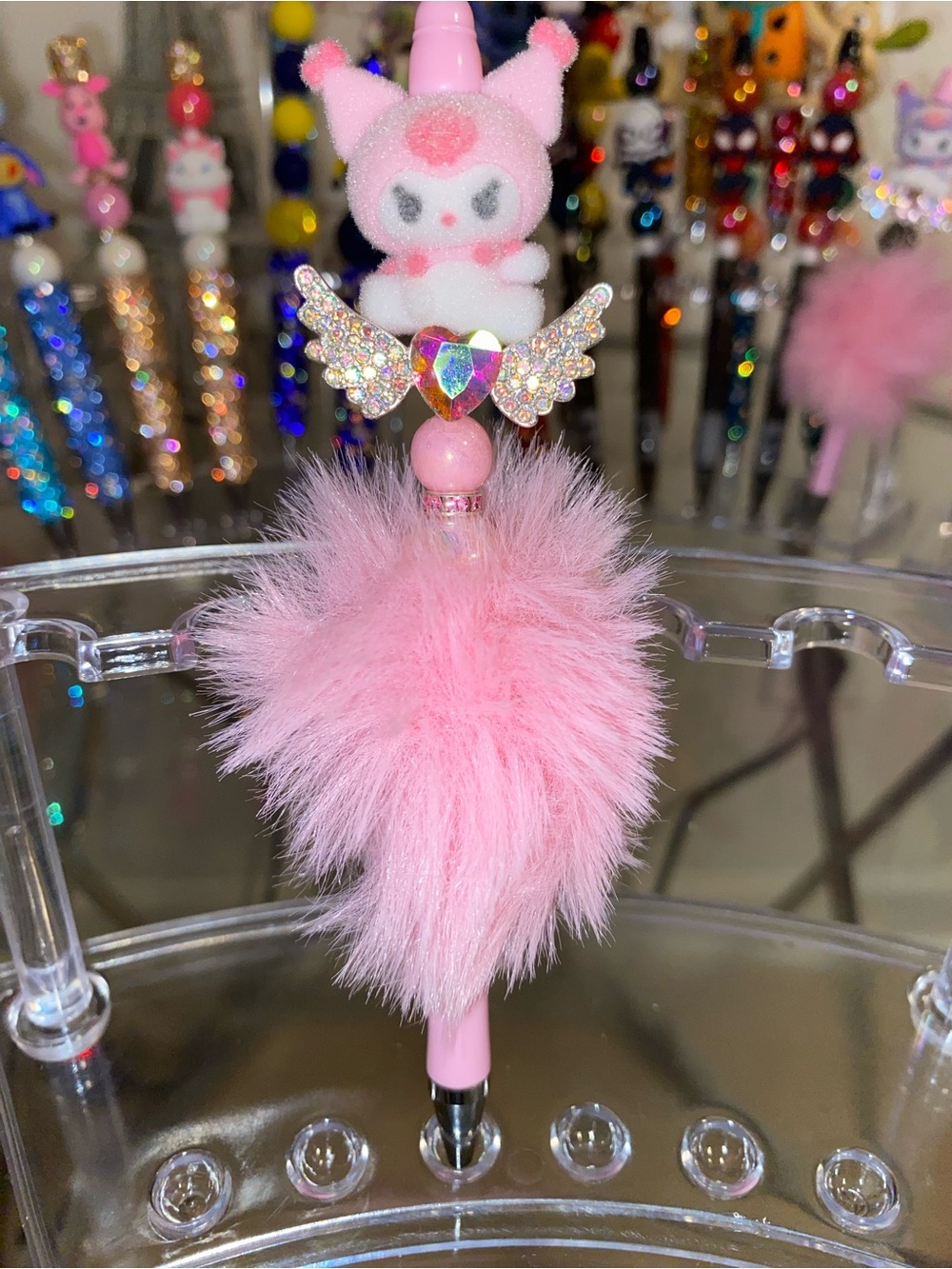 Pink Plush Unicorn Pom-Pom Pen with Sparkling Wings